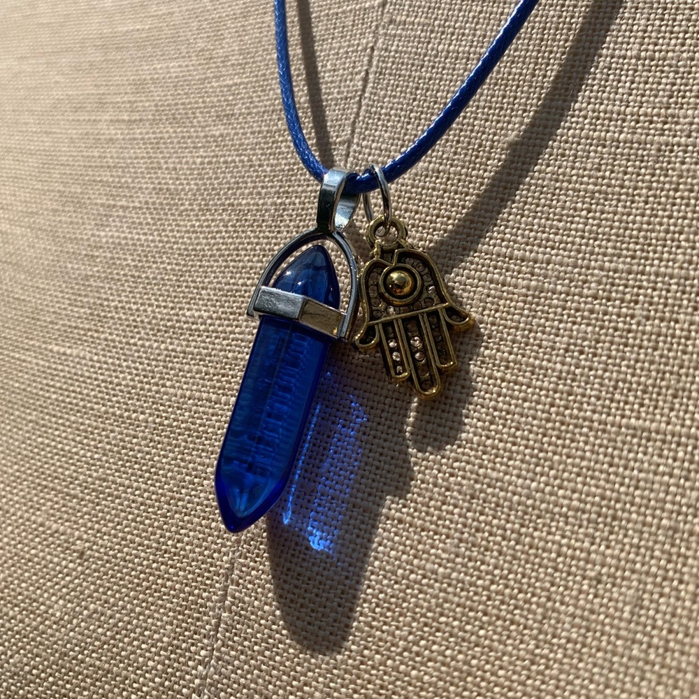 Handmade Cobalt Blue Resin Crystal Amulet Necklace & Hamsa Hand Charm - Picture 4 of 11